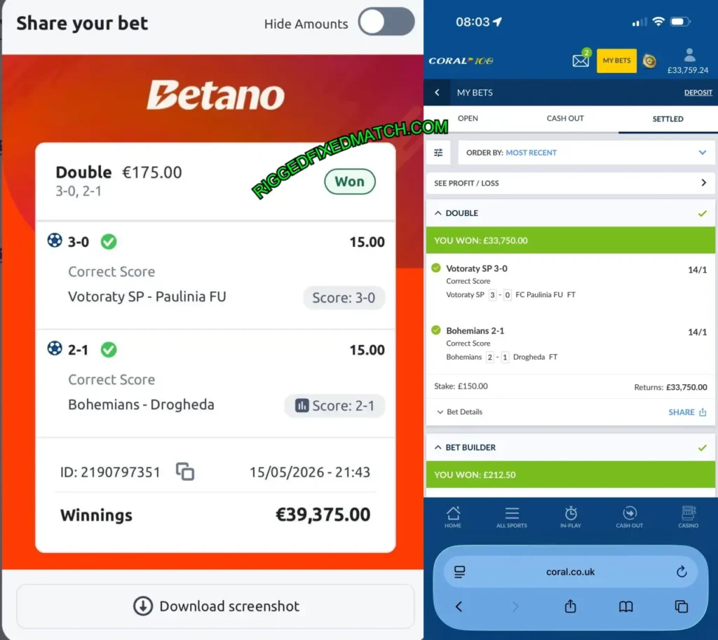CORAL CORRECT SCORE FIXED MATCHES